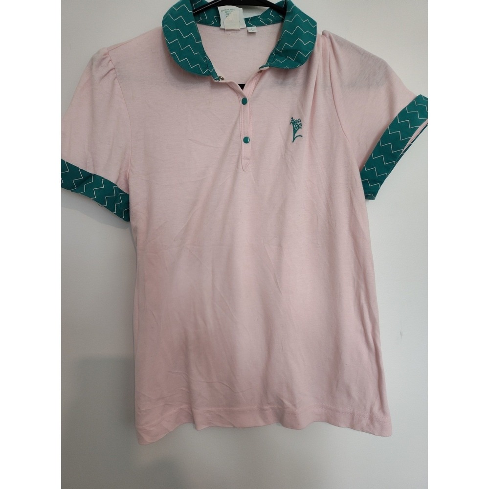 Vintage Lilys of Beverly Hills‎ Pink Teal Zigzag Polo Shirt Made in USA Womens L